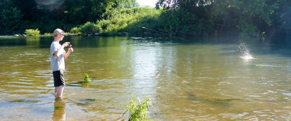 stream wading fish jump